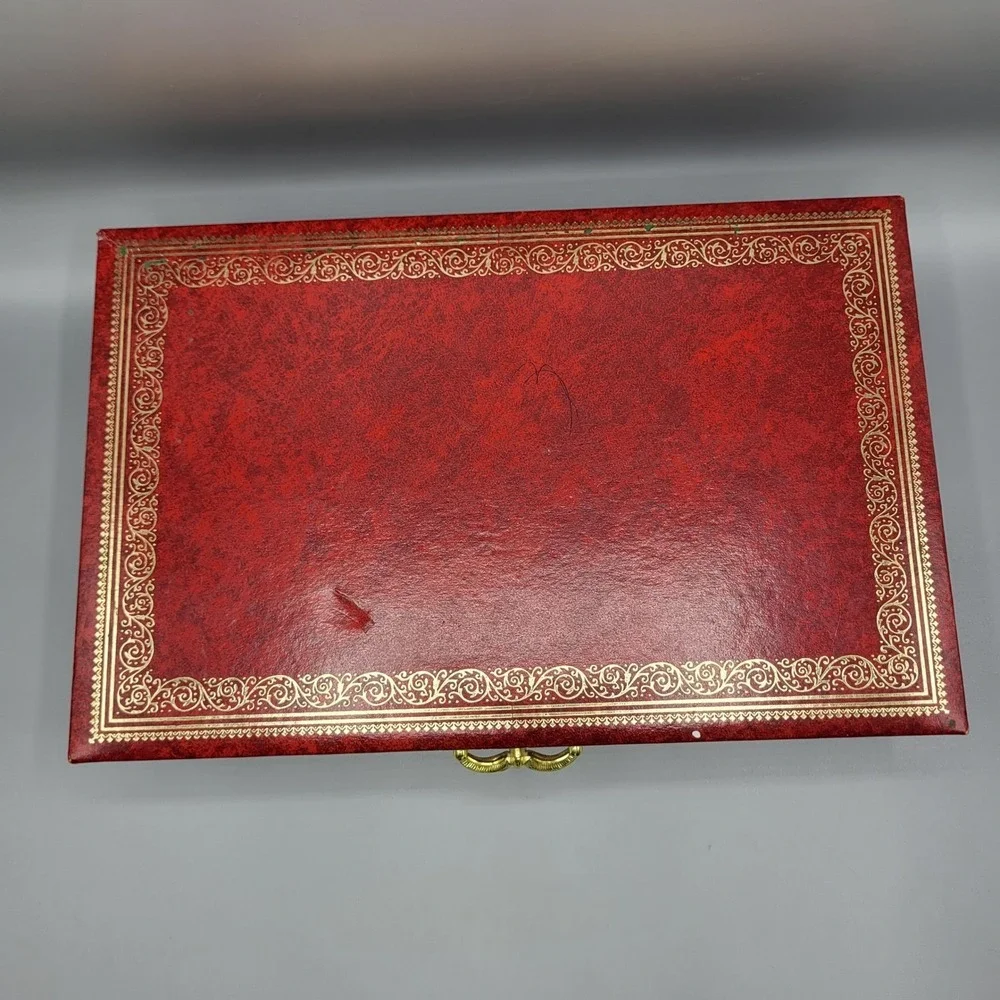 Vintage Mele Jewelry Box Womens Red Tiered Faux Leather Gold Filigree AS IS